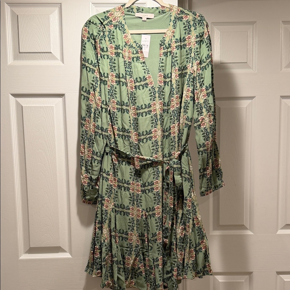 LOFT Sage Green Floral Long-Sleeve Wrap Dress